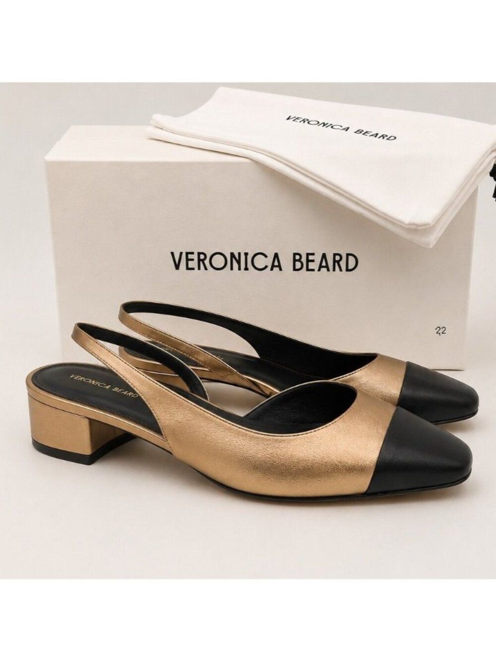 Veronica Beard Cecile 25MM Metallic Leather Slingback Pumps Black Gold Size 7